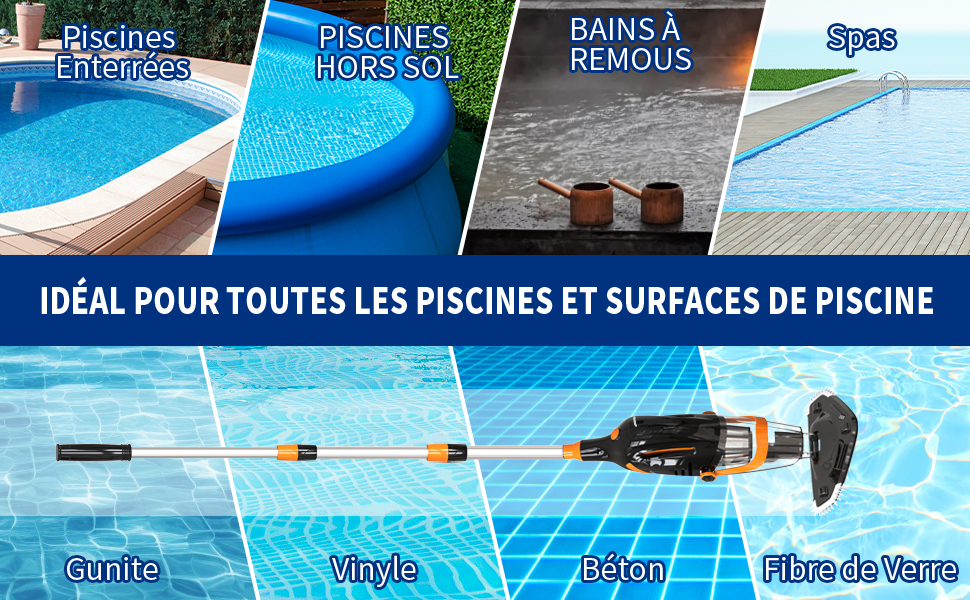 Le texte se lit comme suit : « IDÉAL POUR TOUTES LES PISCINES ET SURFACES DE PISCINE ». Plusieurs outils de nettoyage de piscine illustrés sur fond d'eau bleu avec des schémas d'équipement.