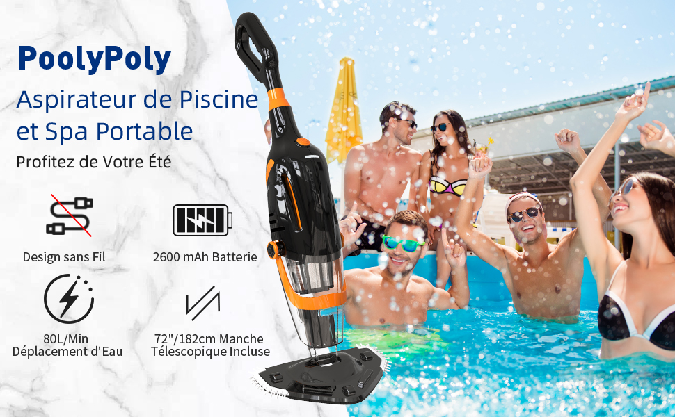 Le texte indique « jardinite Aspirateur de piscine et spa portable » montrant un aspirateur de piscine avec des spécifications, notamment une batterie de 2 000 mAh et des démonstrations d'utilisation dans les paramètres de la piscine.