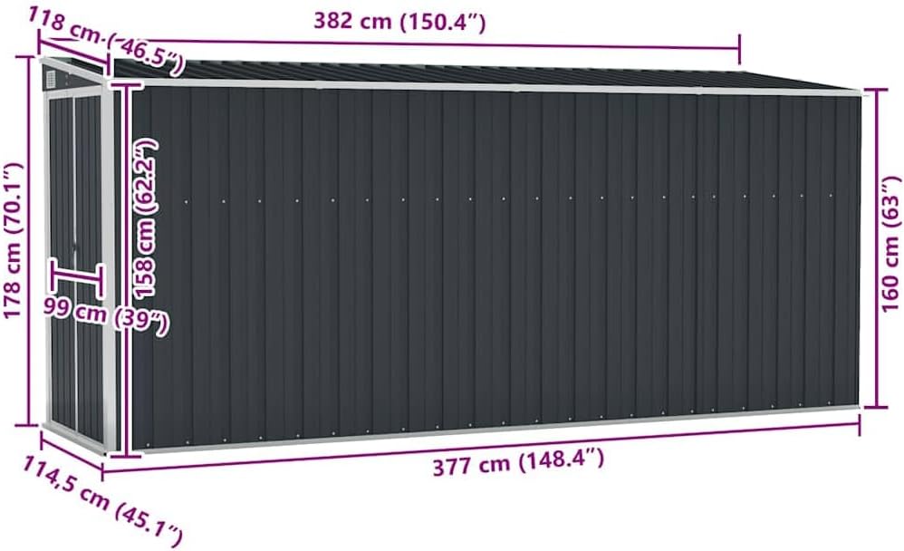 jardinite Abri de Jardin Mural Anthracite 118x382x178 cm Acier,Structures extérieures, Cabanes & abris de Jardin,316231