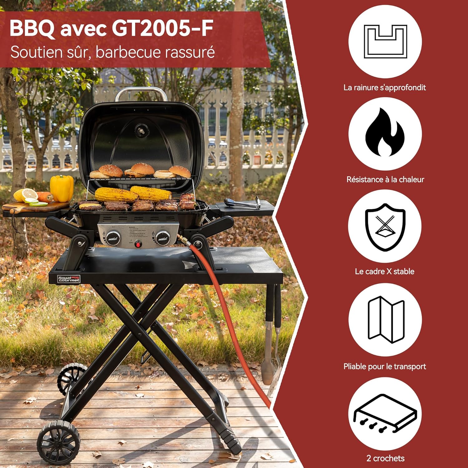 jardinite - barbecue gaz portable - 48x37 cm - 2 brûleurs, tables pliantes, chariot détachable, 5kW