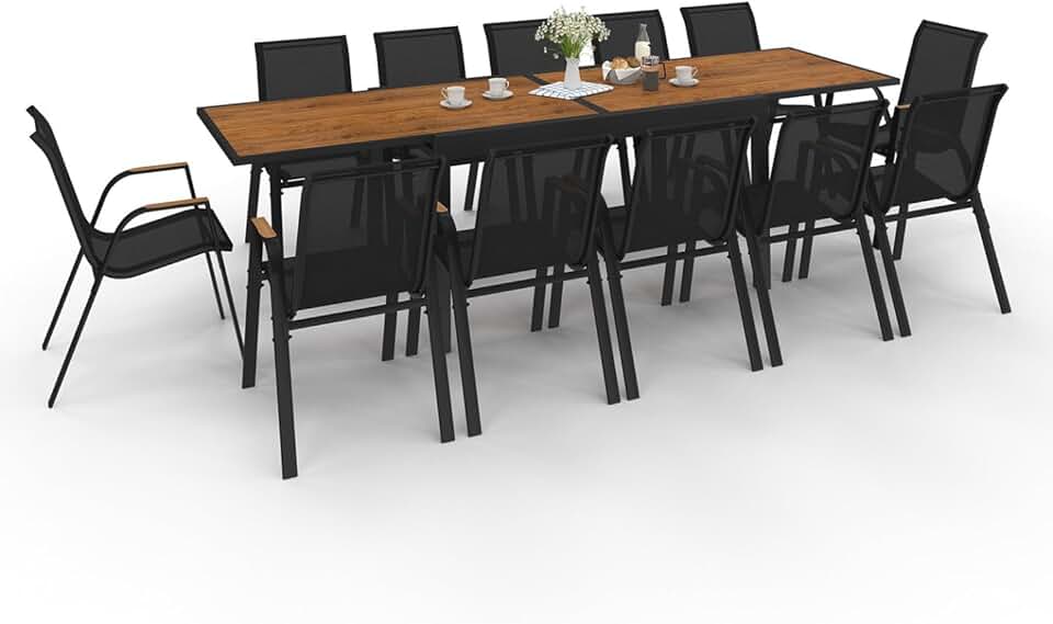 jardinite - Salon de Jardin NOUMEA Table Extensible 135/270 cm Plateau Effet Bois et 12 chaises empilables Noir et Bois