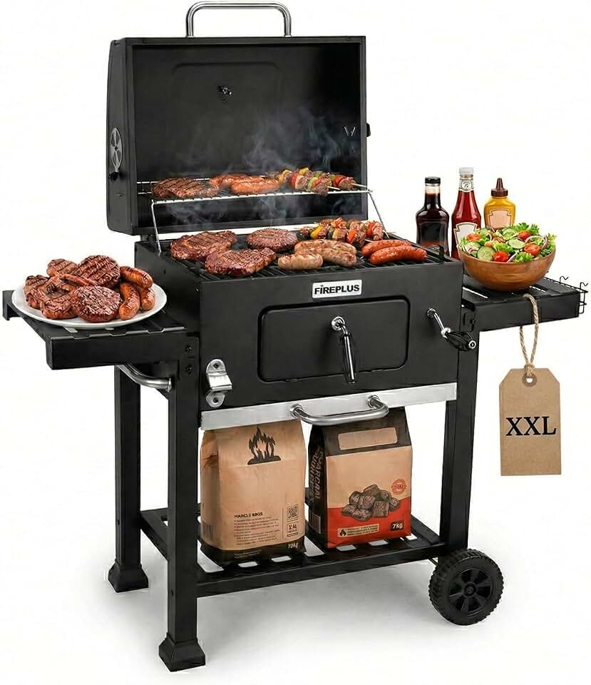 jardinite - Fireplus Barbecue - 116,5x13,1x56cm - charbon, roues, plateaux, ventilation