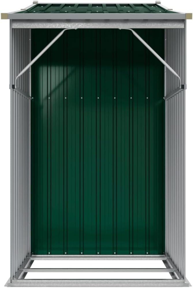Abri de jardin vert 277 x 93 x 179 cm en acier galvanisé avec toit incliné et ouvertures d'aération pour outils de jardin et stockage du bois de chauffage