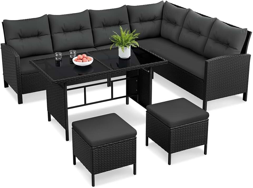 jardinite - Salon de jardin 4 pièces - polyrotin, ottomans, table - noir/gris
