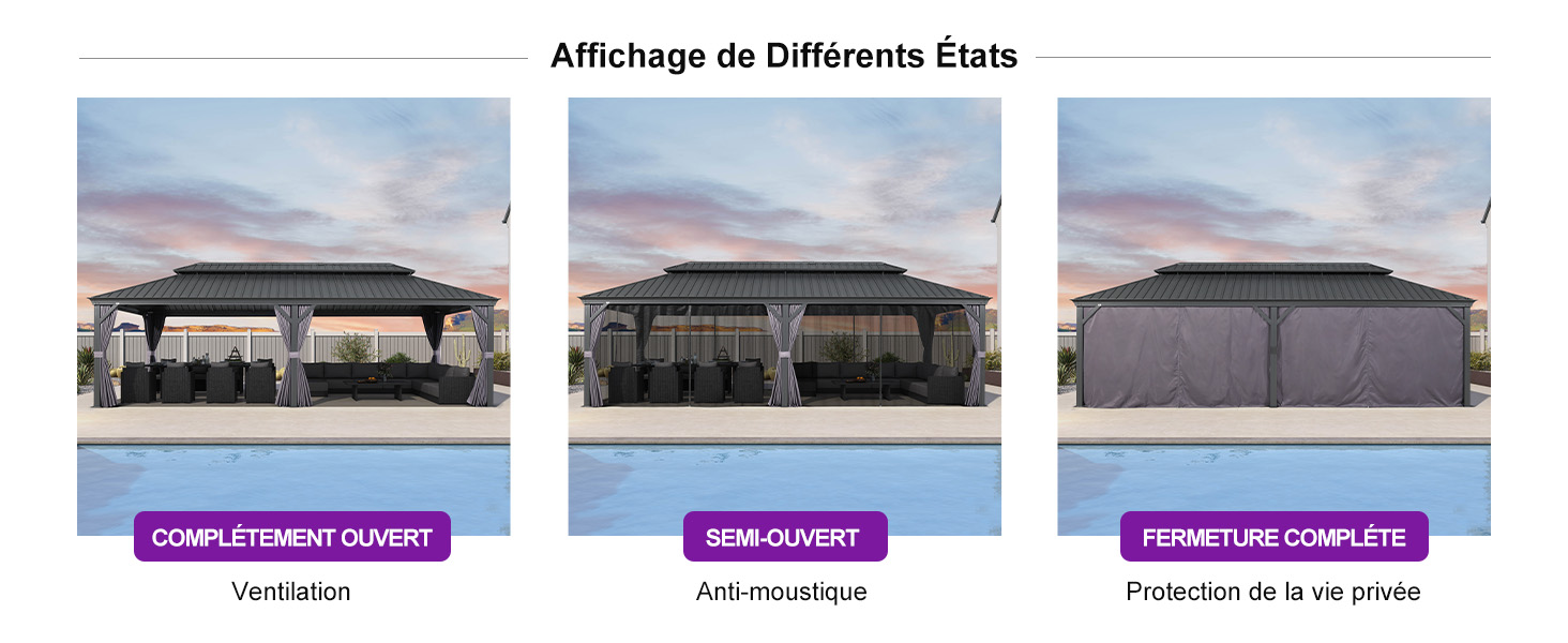 Collection de captures d'écran de l'interface montrant différentes options de style et configurations, présentées sous forme de grille avec différentes combinaisons de couleurs.