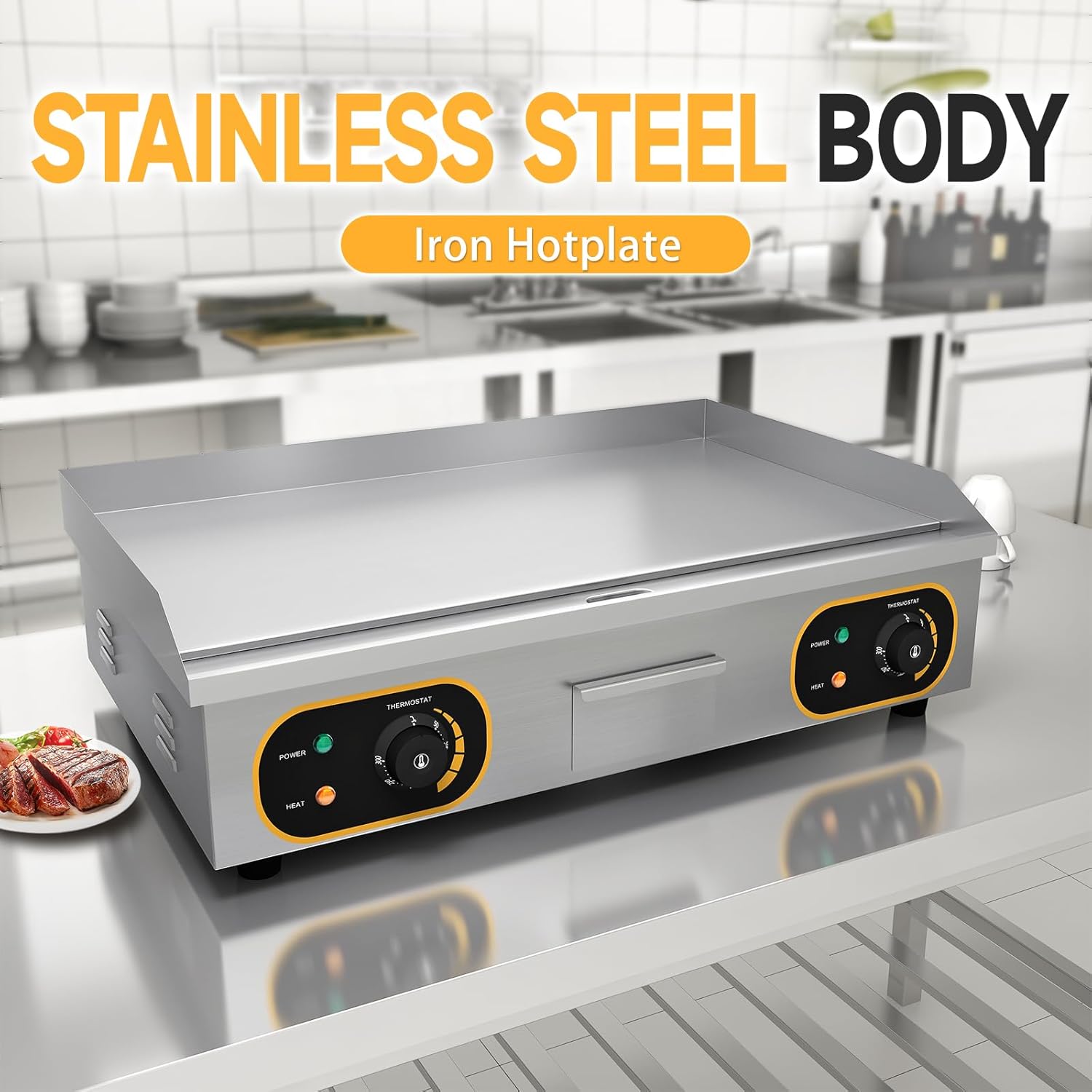 Plancha électrique inox professionnelle 73x43cm 4400W, 2 thermostats