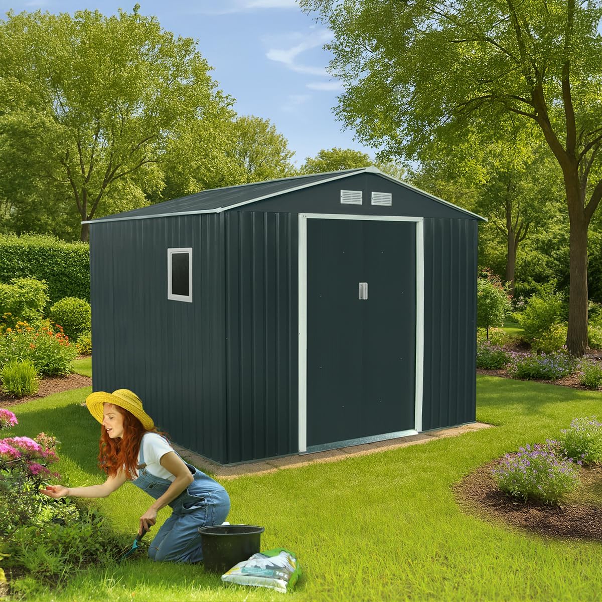 Abri de jardin métal - 7,06m² - fenêtre latérale, kit ancrage, 212cm