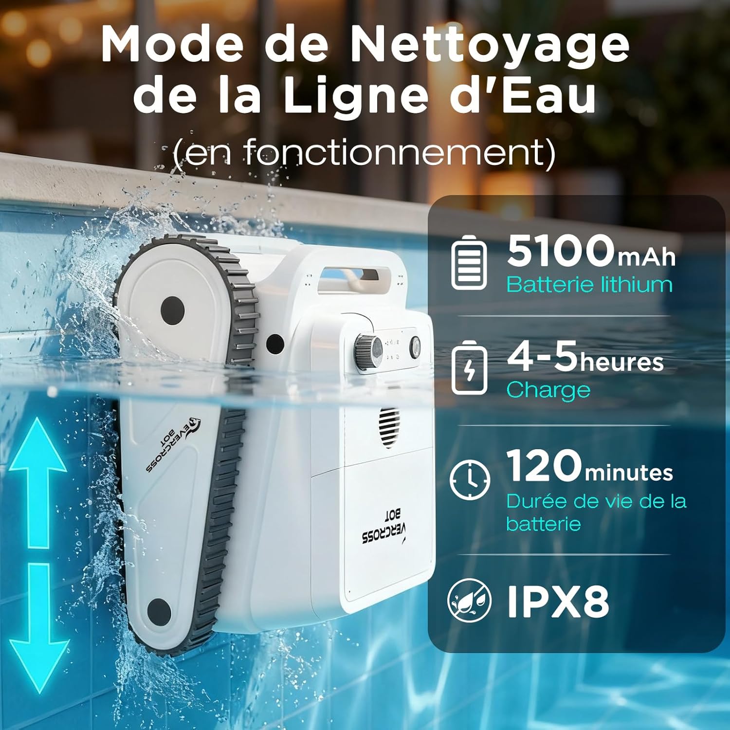 Robot piscine - U8 - autonomie 120min, contrôle app, 200㎡, sans fil