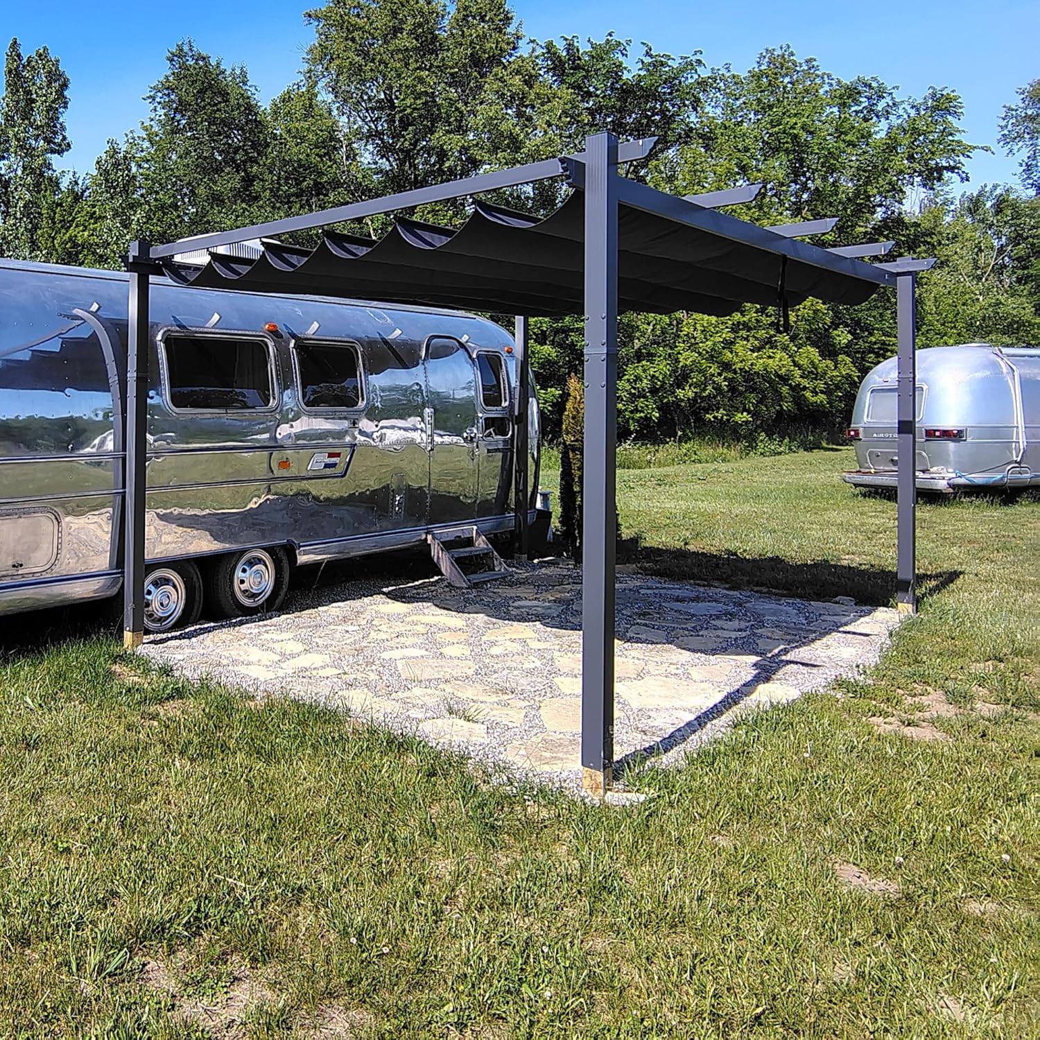 jardinite - pergola aluminium - 4 x 3,2 m - toit coulissant, tissu teint, gris
