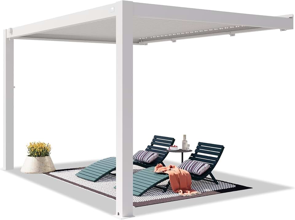 jardinite - Pergola adossée série Aluminium - 3x4 m - lames orientables, poteaux aluminium blancs