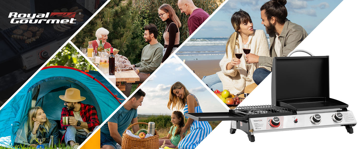 Collage de scènes de loisirs en plein air mettant en vedette un réchaud de camping portable, avec des images d'activités de plage et de pique-n----.