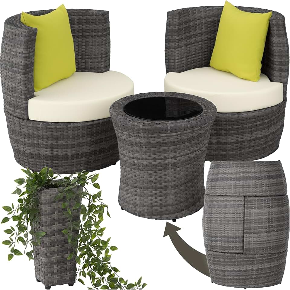 jardinite - Salon de jardin encastrable 2 places - Aluminium, polyrotin, coussins et pot de fleur - Idéal balcon terrasse