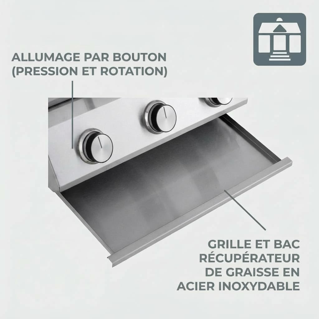 jardinite - Barbecue à gaz portable - inox - 3 brûleurs, thermomètre, allumage piézo - CATHAN