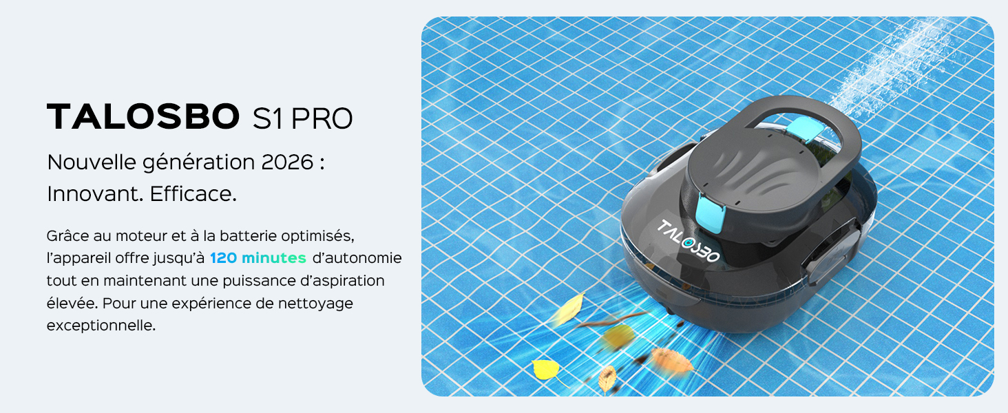 Le texte se lit comme suit : « jardinite S1 PRO nouvelle génération 2026 ! Innovant. Efficace. » Aspirateur robotique noir avec accent bleu représenté sur une surface quadrillée bleue sous un angle différent.