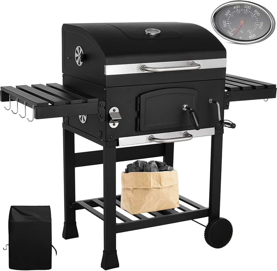 jardinite - Barbecue charbon XXL - grand chariot, fumoir et thermomètre