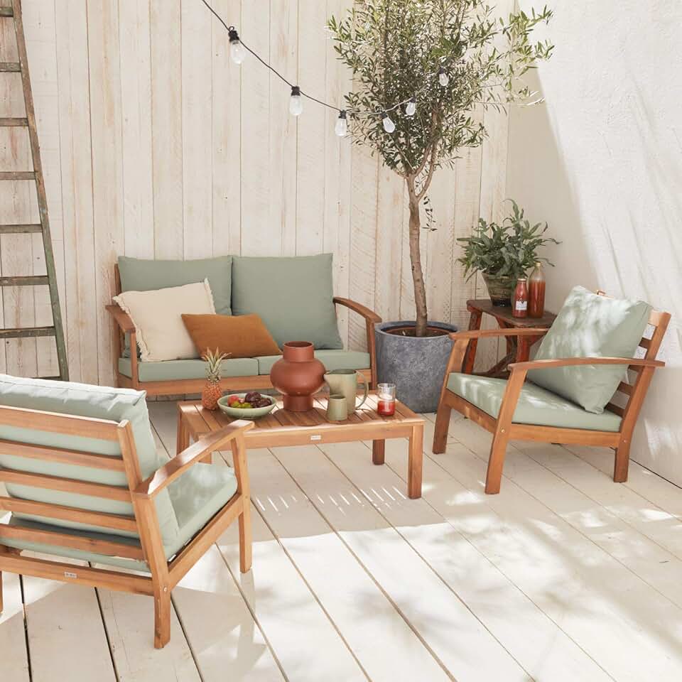jardinite - Ushuaïa - Salon de jardin bois 4 places, coussins verts, canapé, fauteuils, table basse