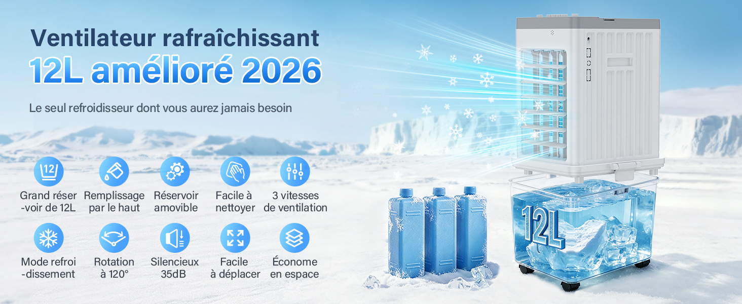 Le texte indique « Ventilateur refroidissant 12 antilope 2026 » et les icônes de caractéristiques ci-dessous indiquent les spécifications. L'image du produit montre un refroidisseur d'air blanc avec un réservoir d'eau bleu et plusieurs symboles indicateurs fonctionnels.