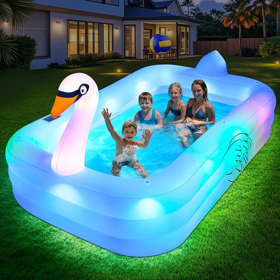 jardinite Piscine Gonflable avec Lumières, Swan Piscine Gonflable Adulte, 255x160x50cm Grande Piscines Gonflables Rectangulaire, Swimming Pool Surdimensionnée pour Enfants et Famille, pour Jardin