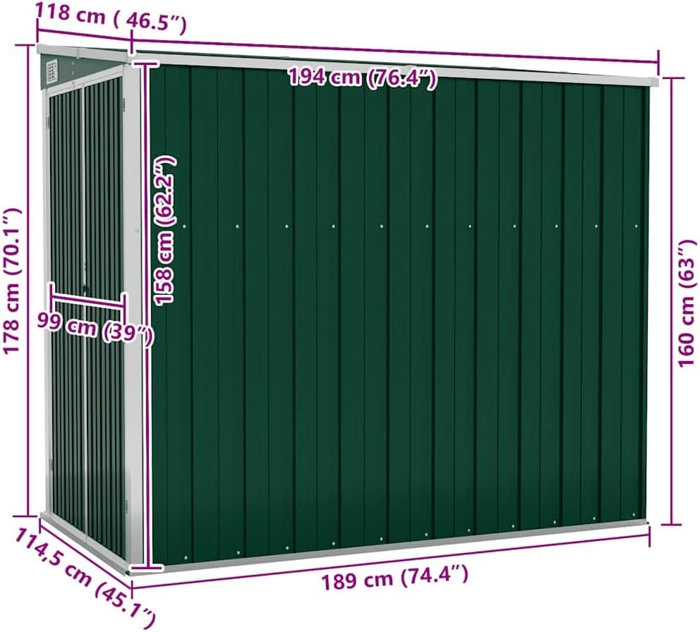 jardinite Abri de Jardin Mural Vert 118x194x178 cm Acier galvanisé,Structures extérieures, Cabanes & abris de Jardin,316221