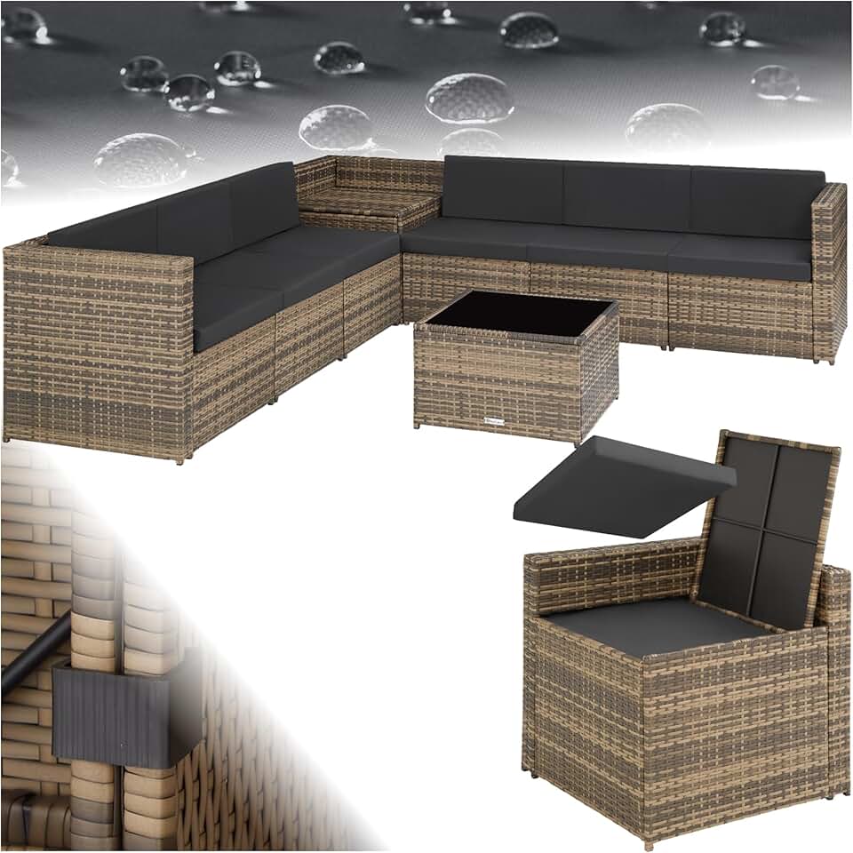 jardinite - salon de jardin modulable 6 places résine, coffre et table, brun - 200x130cm