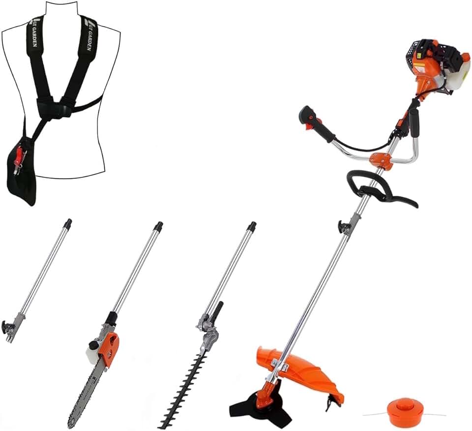 jardinite - multifonction 4 en 1 thermique - 3 outils + rallonge - tronçonneuse, débroussailleuse, taille-haies