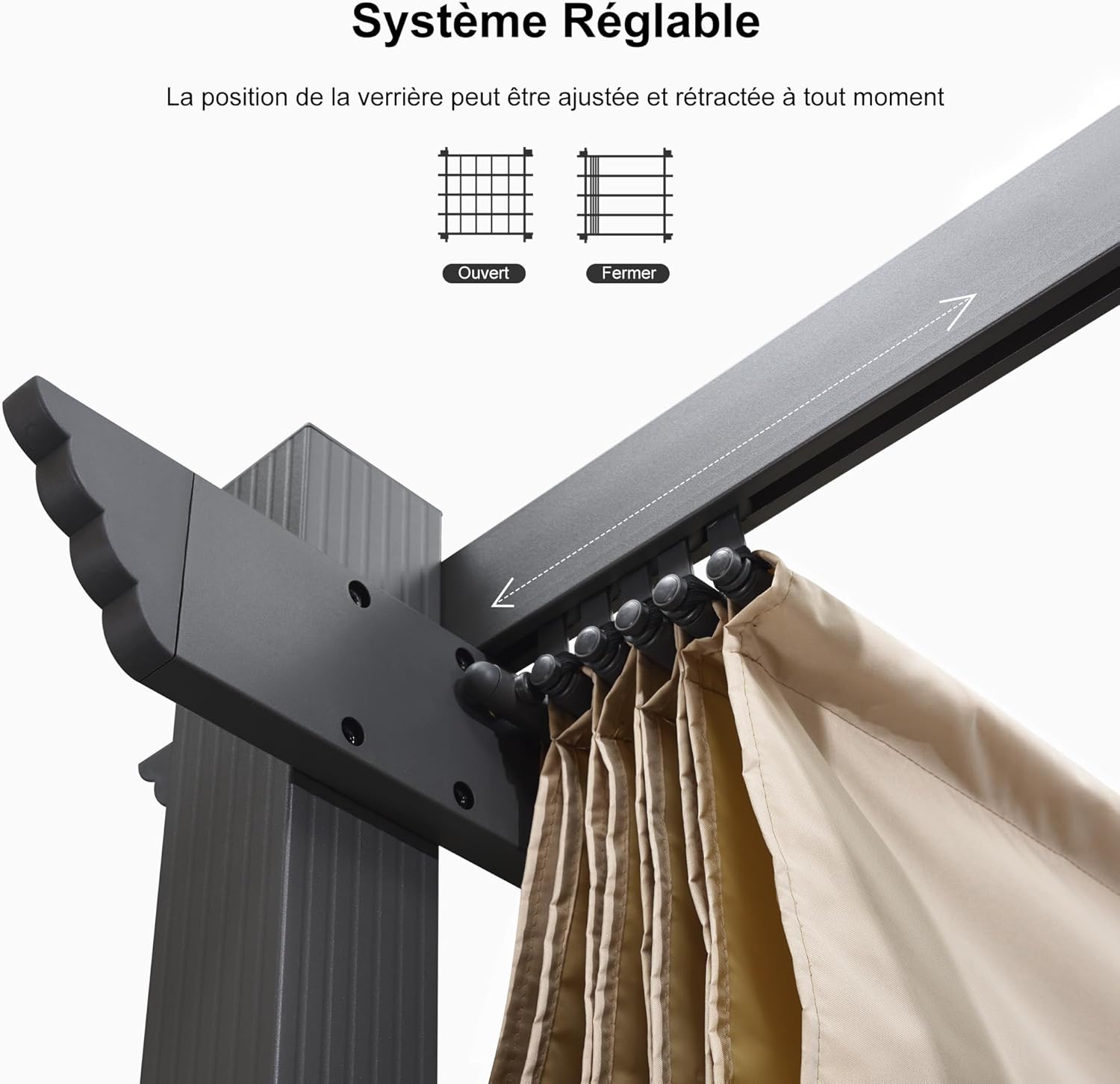 jardinite - pergola aluminium 5,5x3,5m toit rétractable LED kaki