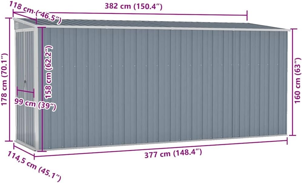jardinite Abri de Jardin Mural Gris 118x382x178 cm Acier galvanisé, Maison & Jardin, Pelouses & Jardins, Vie en extérieur, Structures extérieures, Cabanes & abris de Jardin, Gris, (Poids 47.9KG)