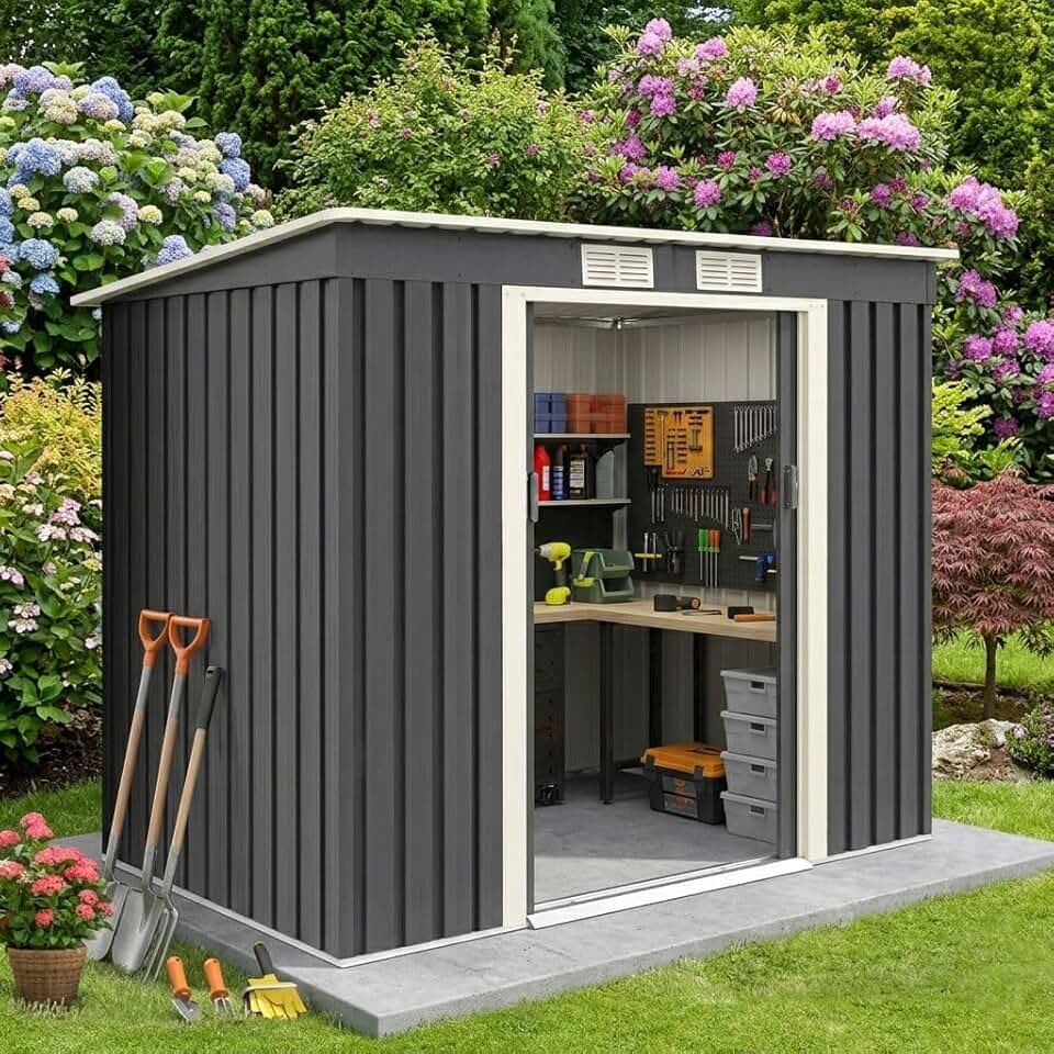 jardinite 2,37M² Abri de Jardin en Acier Galvanisé Résistant 4,1m³, 213x130x173CM, Cabane de Jardin Exterieur avec 2 Portes Coulissant, 2 Aérations, Toit Incliné, Rangement Outils pour Pelouse, Patio