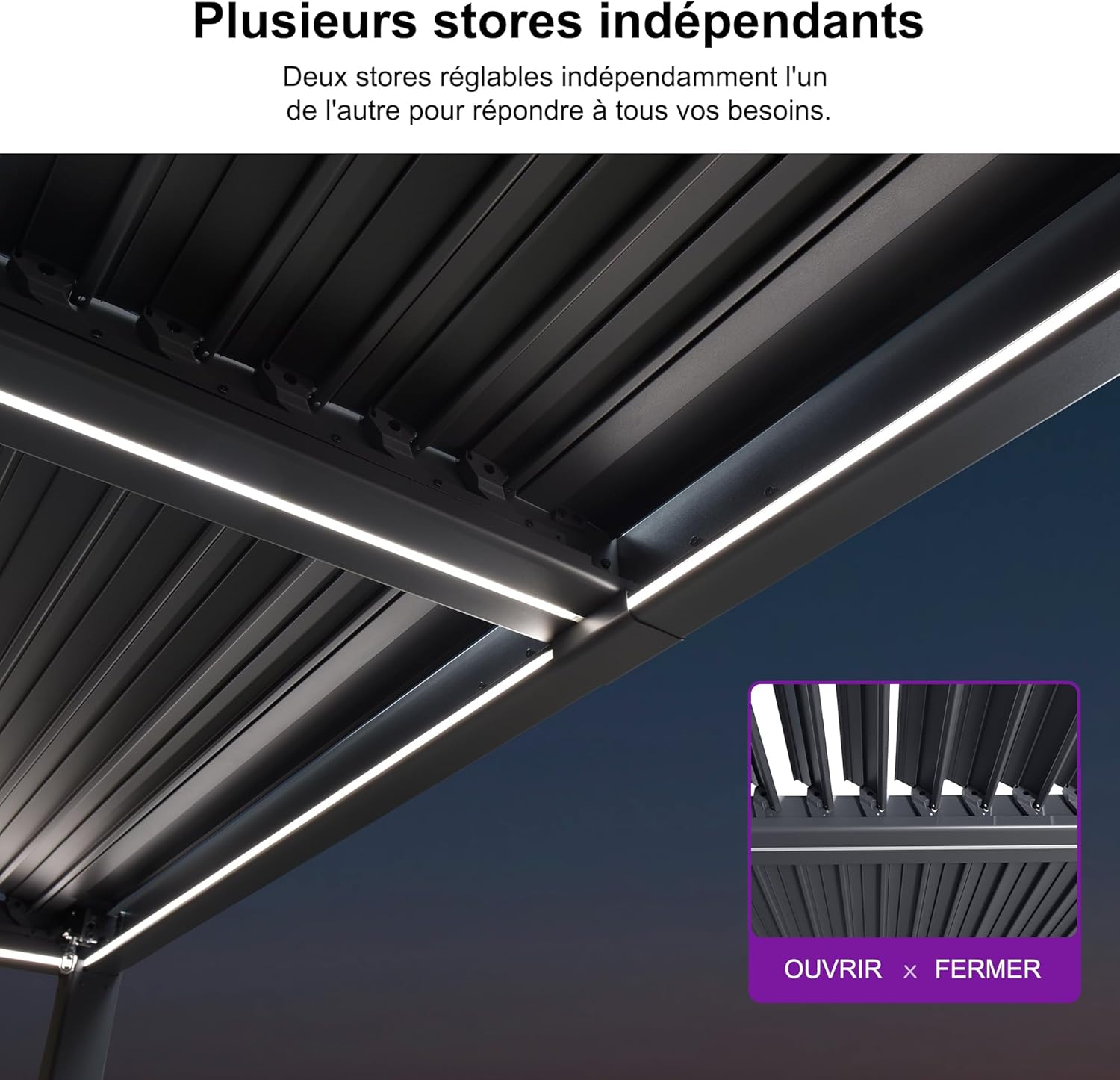 jardinite - Pergola bioclimatique alu 4x4.6m, lames LED, durable