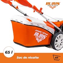 Le texte indique « RURIS » et « 65 l Sac de récolte ». Tondeuse à gazon orange et blanche avec sac de collecte visible sur la photo du produit.