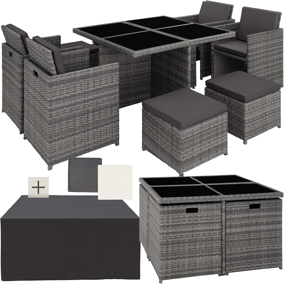 jardinite - Salon de jardin 8 places aluminium rotin gris, confortable