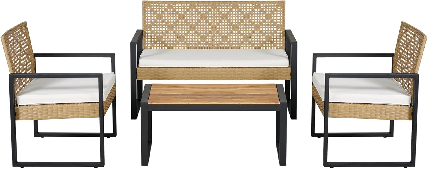 jardinite - Salon de jardin 4 pièces, acier/acacia, 2 chaises + banc, beige/naturel