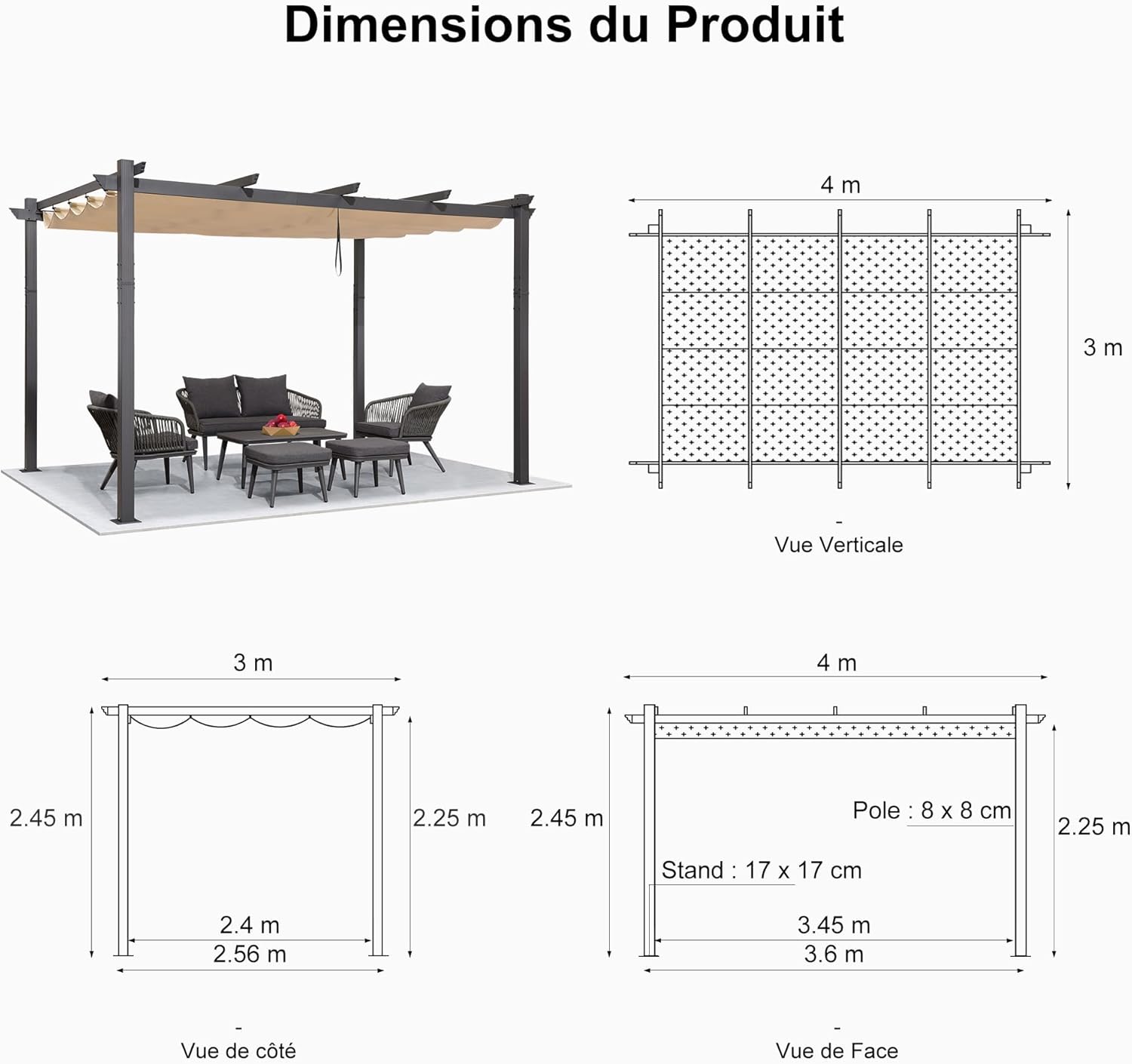jardinite - Pergola aluminium LED, toit rétractable, 4x3m, kaki