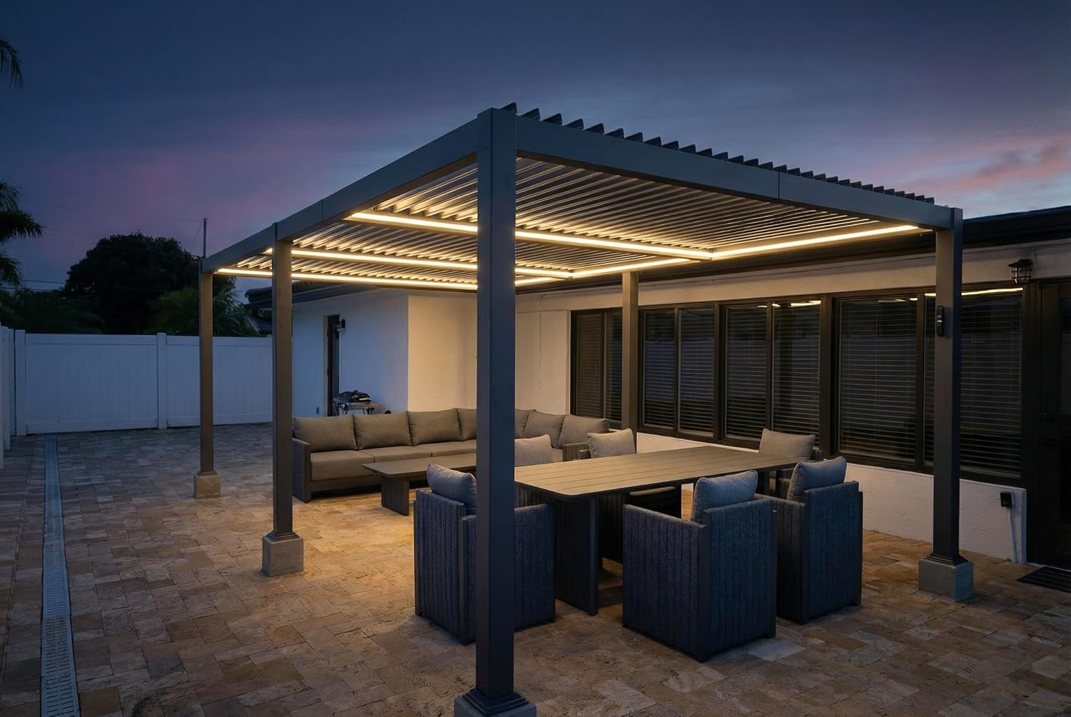 jardinite - pergola bioclimatique - 3,5x6,35m - lames LED alu gris
