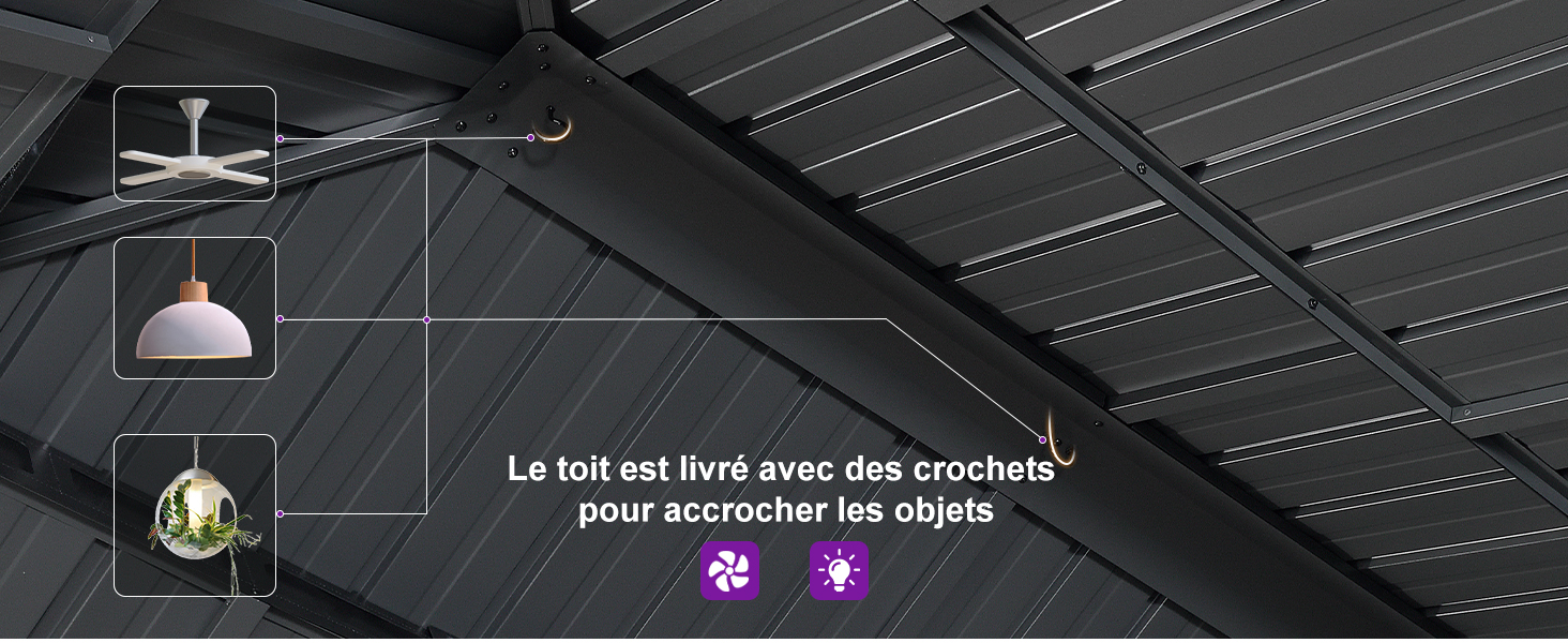 Intérieur d'un grenier ou d'un toit sombre avec poutres apparentes et crochets pour suspendre des objets. Une superposition de texte en français décrit la fonctionnalité