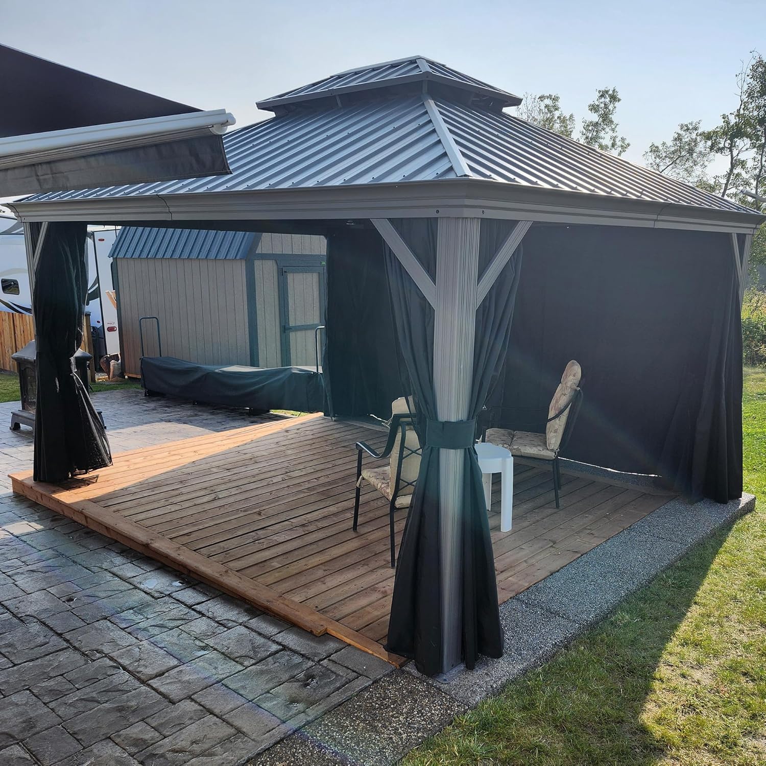 jardinite - tonnelle jardin double toit - 3,65x4,25m - aluminium, moustiquaire, rideaux