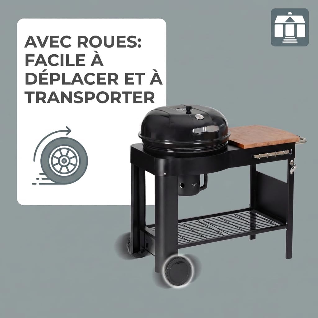 jardinite - Barbecue Calgary - acier/bois - couvercle thermomètre, tablettes, 2 roues, noir