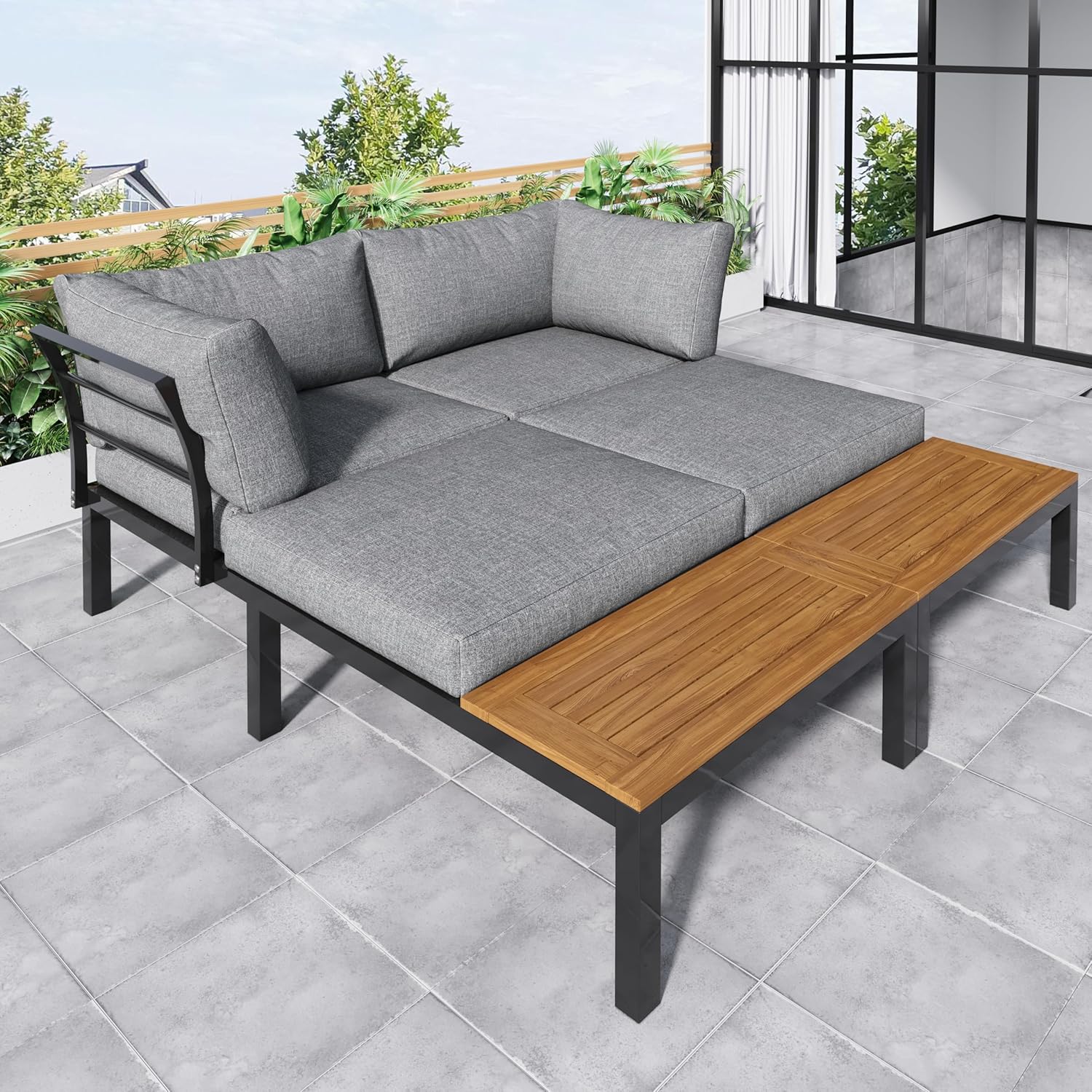 Salon de jardin - canapé 2 places, tables d'appoint, acacia, acier galvanisé, B-gris