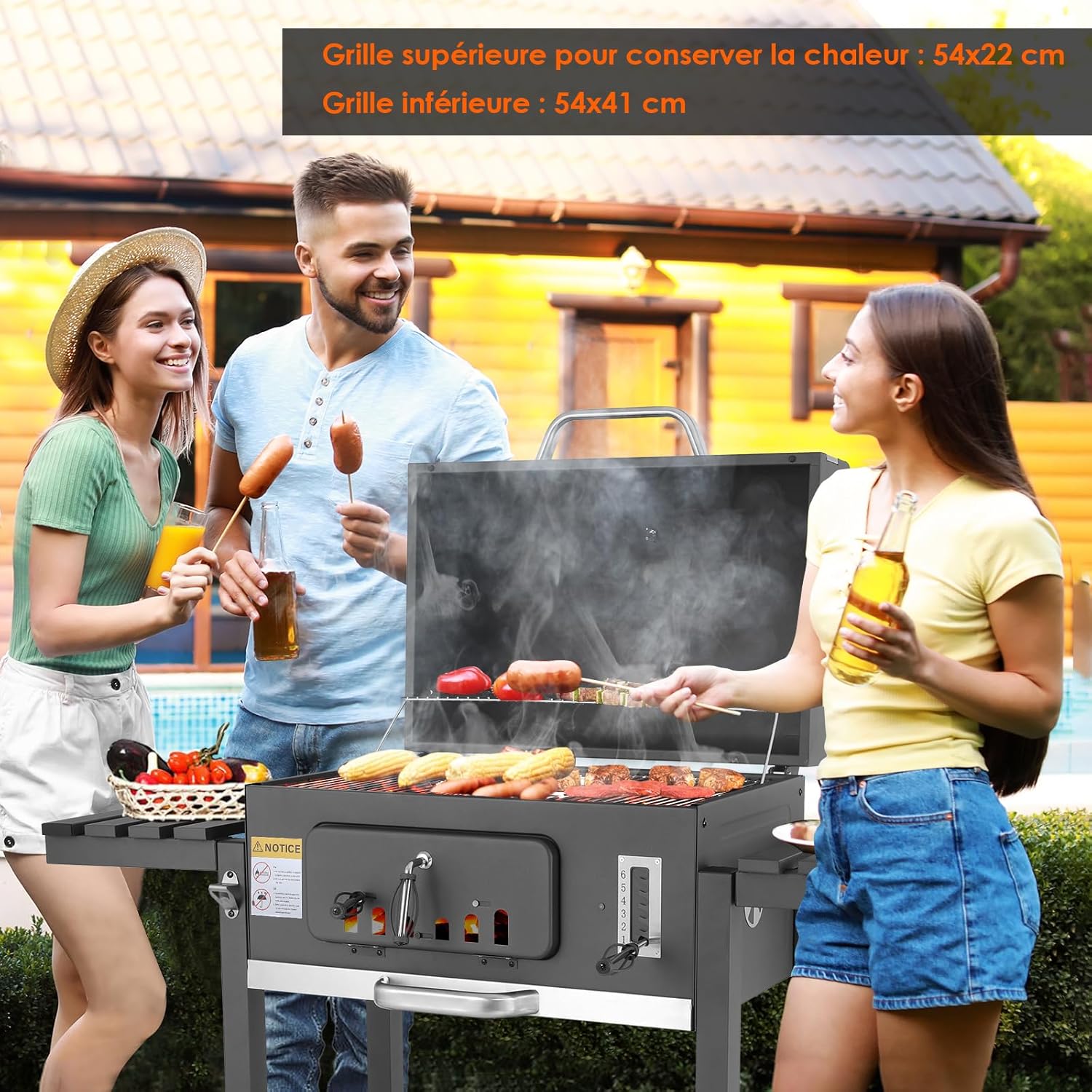 Barbecue au Charbon de Bois - XXL avec couvercle, roues, thermomètre - 152x136x60cm, grande capacité