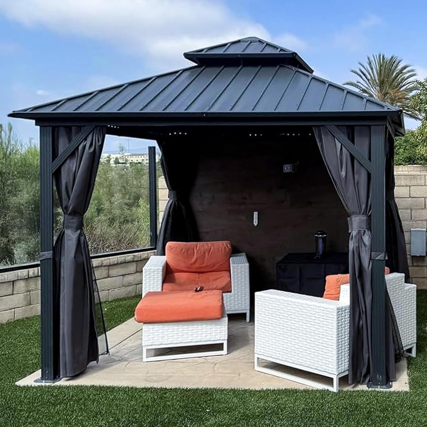 jardinite - Tonnelle de jardin alu 3x3 m toit double, rideaux, gris