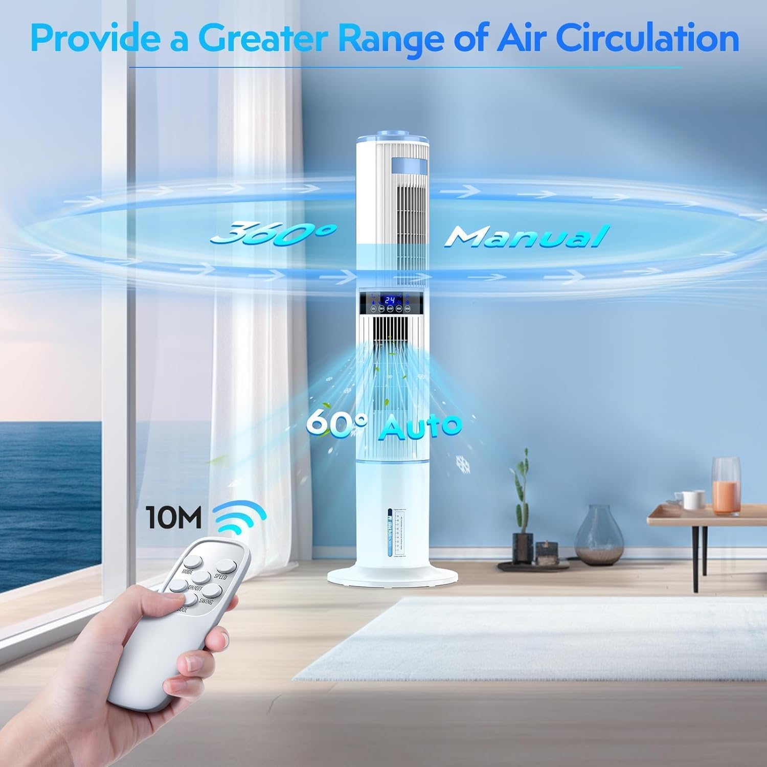 Climatiseur Mobile Silencieux Portable Rafraîchisseur d'air 360° Oscillation, Sortie d'air Double, 24H Minuteries, 65W, 4 Modes et 3 Vitesses avec Télécommande pour Chambre, Bureau, Cuisine