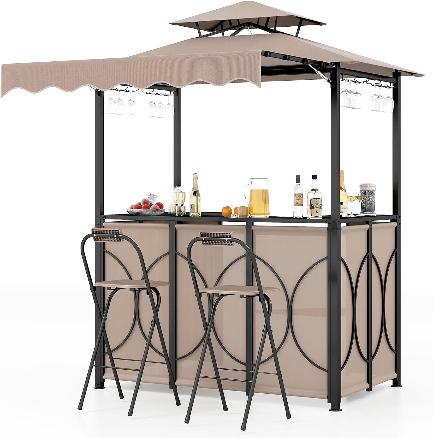 jardinite - Tonnelle barbecue extérieur 3 pcs, table bar, 2 chaises pliables, double toit, métal, marron