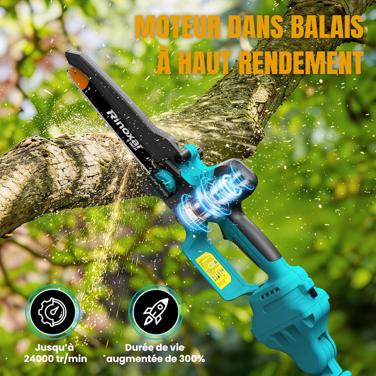 Élagueuse sur perche - 8 pouces - batterie 2x4000mAh, télescopique, lubrification auto