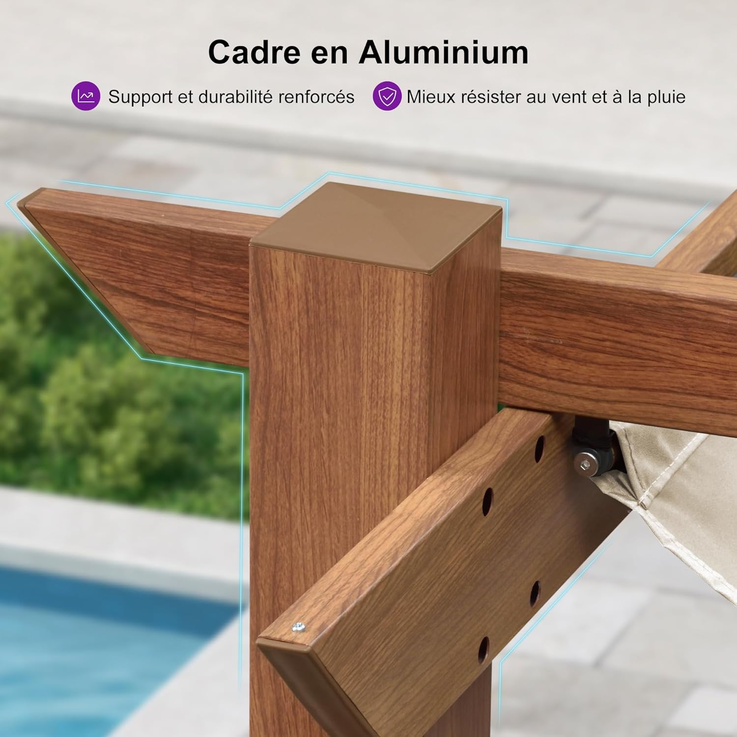 jardinite - pergola aluminium - 3x3m - teck, toile rétractable, kaki