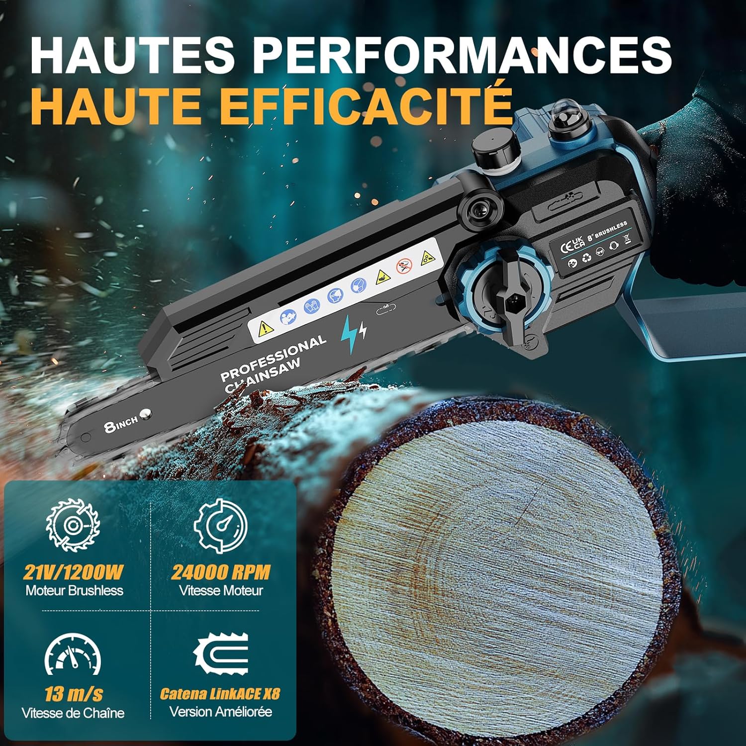 8 Pouces Tronconneuse a Batterie, Mini Tronçonneuse Électrique Sans Fil Brushless à Batterie 8000mAh, avec Injecteur de Lubrifiant de la Chaîne pour la Coupe du bois, l'élagage le Jardin(1200W)