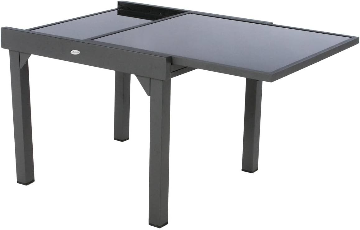 jardinite - Table Piazza Gris Graphite extensible 8 places - Aluminium anti-rouille, verre trempé, rallonge coulissante.