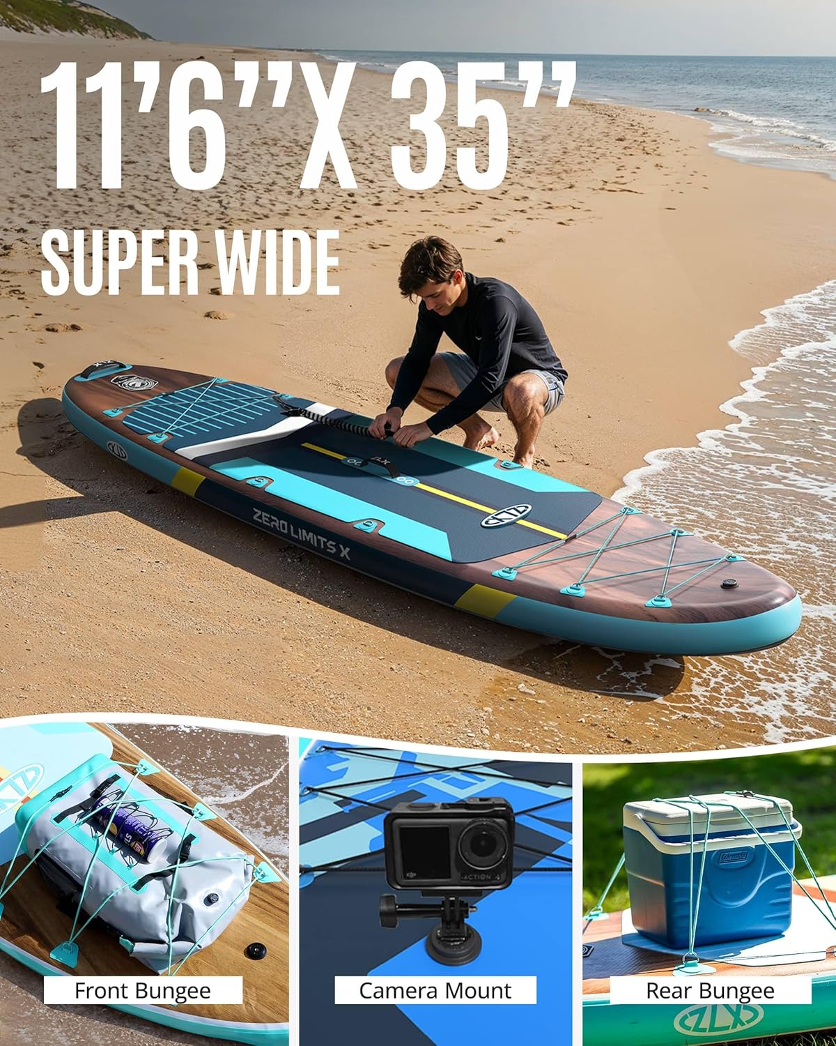 ZLX Paddle Gonflable 350 x 89 cm Extra Large Sup | Planche Stable Antidérapante, Aileron Amélioré, Accessoires Premium, Sac & Pompe Haute Pression, pour Adultes Tous Niveaux avec Siège Gonflable