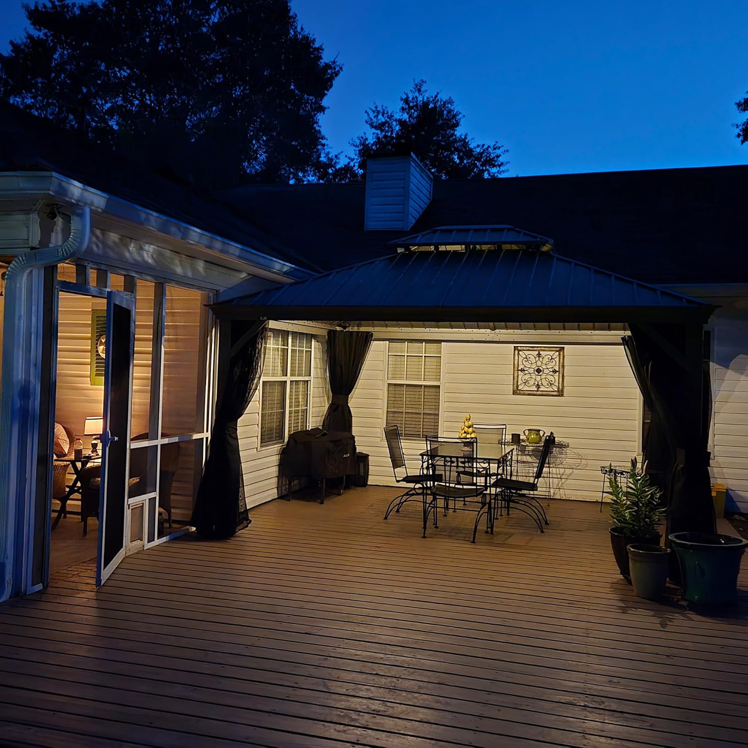 jardinite - tonnelle jardin double toit alu - 3,65x4,25m rideaux moustiquaire guirlande solaire