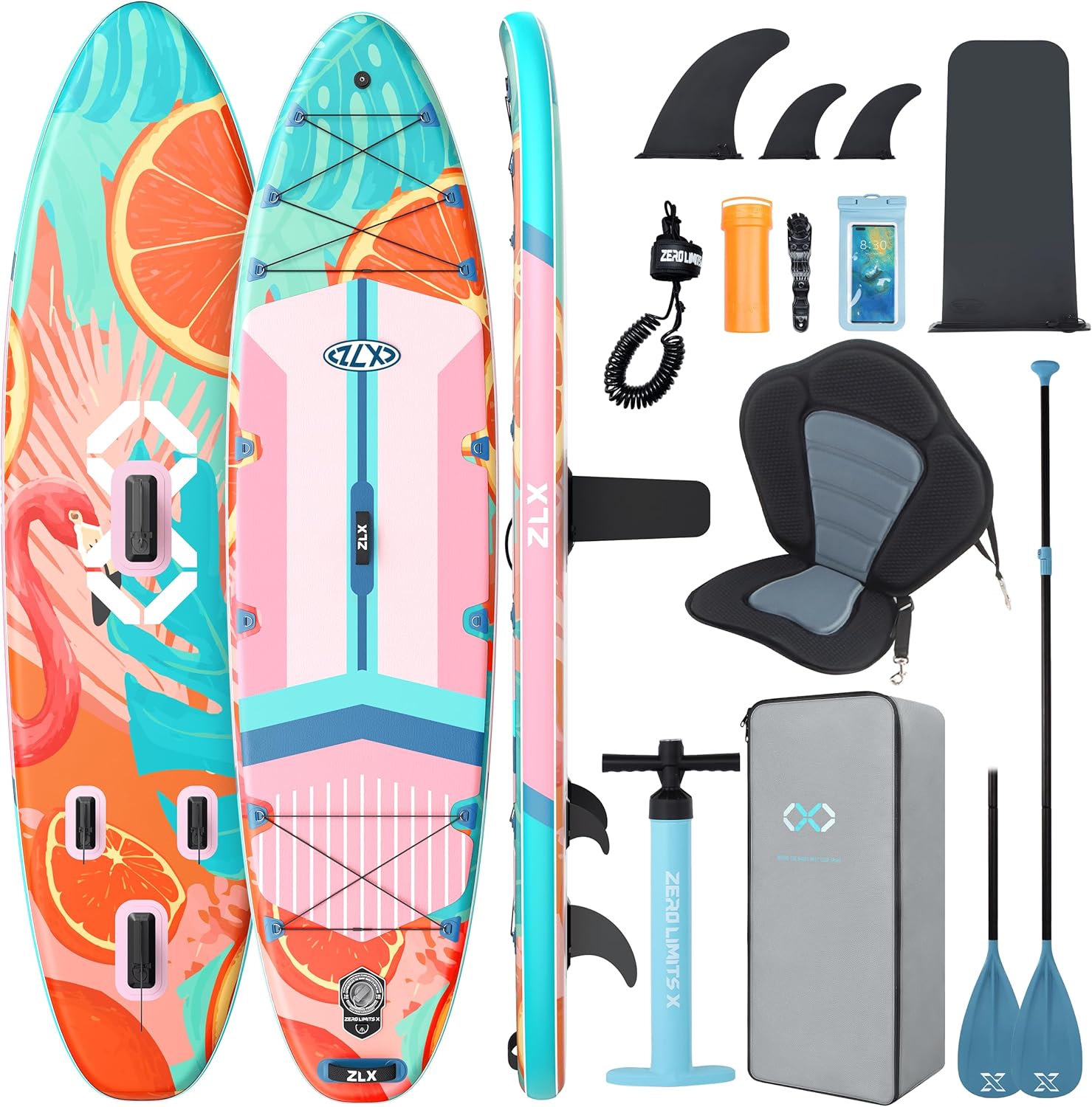 ZLX Paddle Gonflable 350 x 89 cm Extra Large Sup | Planche Stable Antidérapante, Aileron Amélioré, Accessoires Premium, Sac & Pompe Haute Pression, pour Adultes Tous Niveaux avec Siège Gonflable