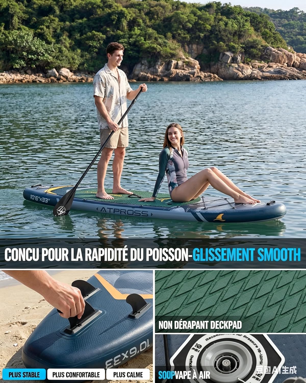Stand Up Paddle Gonflable Adulte avec Siège Kayak & Accessoires, 320x84cm Planche de Sup Extra Large pour 2 Personnes, Charge 200kg, Kayak Gonflable 2 Places Stable et Antidérapant pour Surf